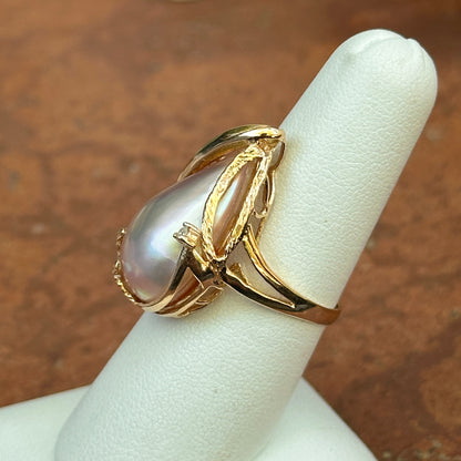 Estate 14KT Genuine Teardrop Pink Mabe Pearl + Diamond Ring