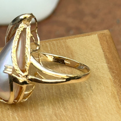 Estate 14KT Genuine Teardrop Pink Mabe Pearl + Diamond Ring