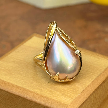 Estate 14KT Genuine Teardrop Pink Mabe Pearl + Diamond Ring
