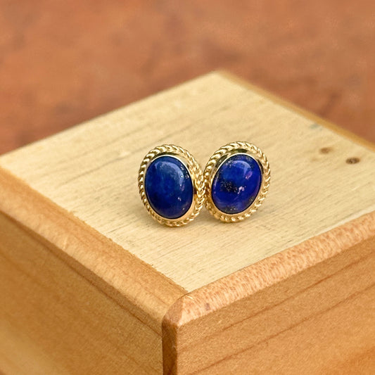 14KT Yellow Gold Oval Bezel Blue Lapis Milgrain Stud Earrings