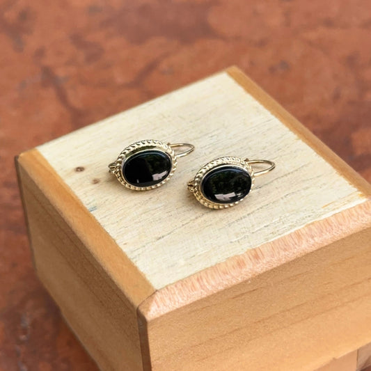 14KT Yellow Gold Oval Black Onyx Milgrain Lever Back Earrings