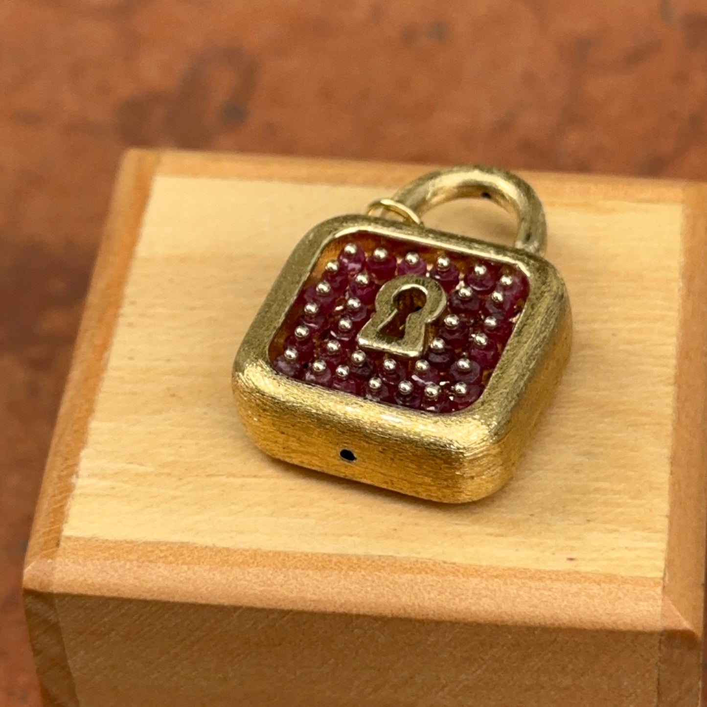 Estate 14KT Yellow Gold Ruby Matte Large Padlock Pendant