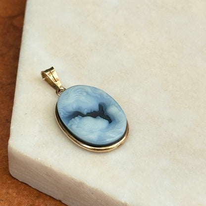 Estate 14KT Yellow Gold Oval Blue Mom and Baby Cameo Bezel Pendant