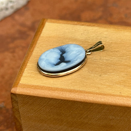 Estate 14KT Yellow Gold Oval Blue Mom and Baby Cameo Bezel Pendant