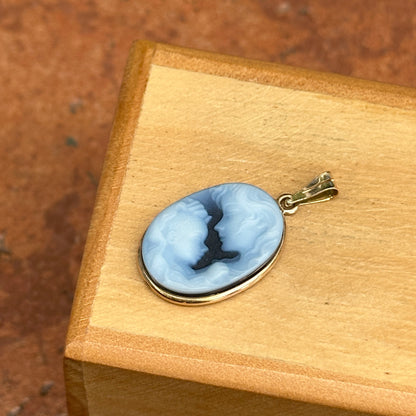 Estate 14KT Yellow Gold Oval Blue Mom and Baby Cameo Bezel Pendant