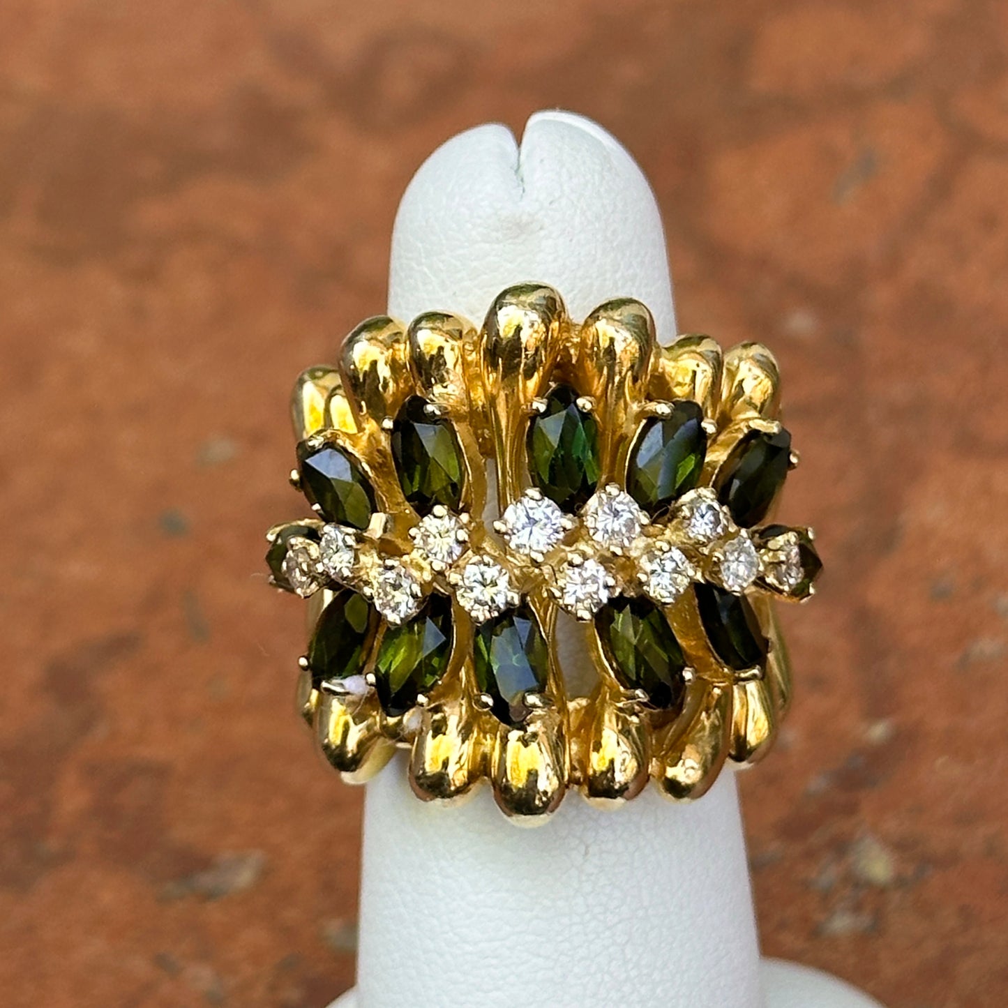 Estate ‘70s 18KT Yellow Gold Marquise Green Tourmaline + Diamond Band Ring