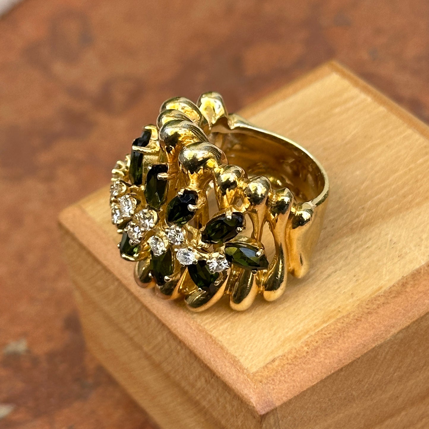 Estate ‘70s 18KT Yellow Gold Marquise Green Tourmaline + Diamond Band Ring