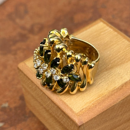 Estate ‘70s 18KT Yellow Gold Marquise Green Tourmaline + Diamond Band Ring