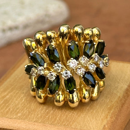 Estate ‘70s 18KT Yellow Gold Marquise Green Tourmaline + Diamond Band Ring