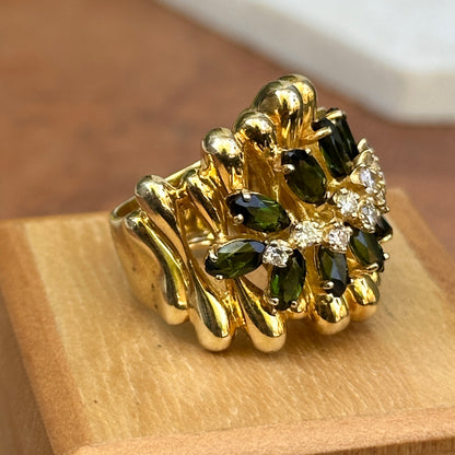 Estate ‘70s 18KT Yellow Gold Marquise Green Tourmaline + Diamond Band Ring