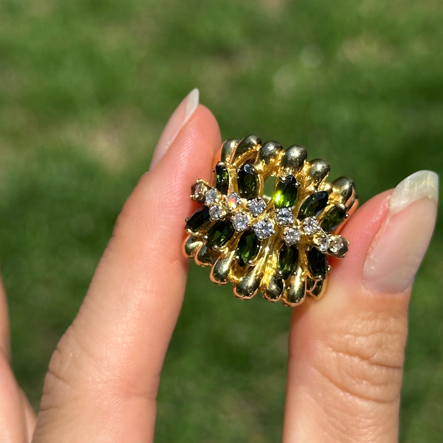 Estate ‘70s 18KT Yellow Gold Marquise Green Tourmaline + Diamond Band Ring
