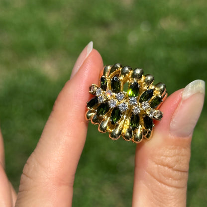 Estate ‘70s 18KT Yellow Gold Marquise Green Tourmaline + Diamond Band Ring