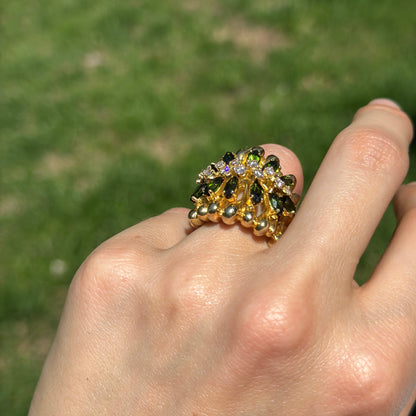 Estate ‘70s 18KT Yellow Gold Marquise Green Tourmaline + Diamond Band Ring