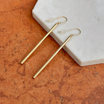 14KT Yellow Gold Long Cylinder Bar Earrings