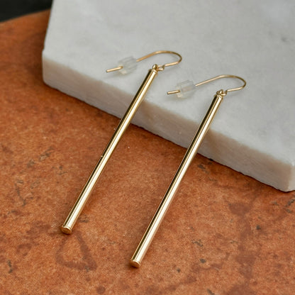 14KT Yellow Gold Long Cylinder Bar Earrings