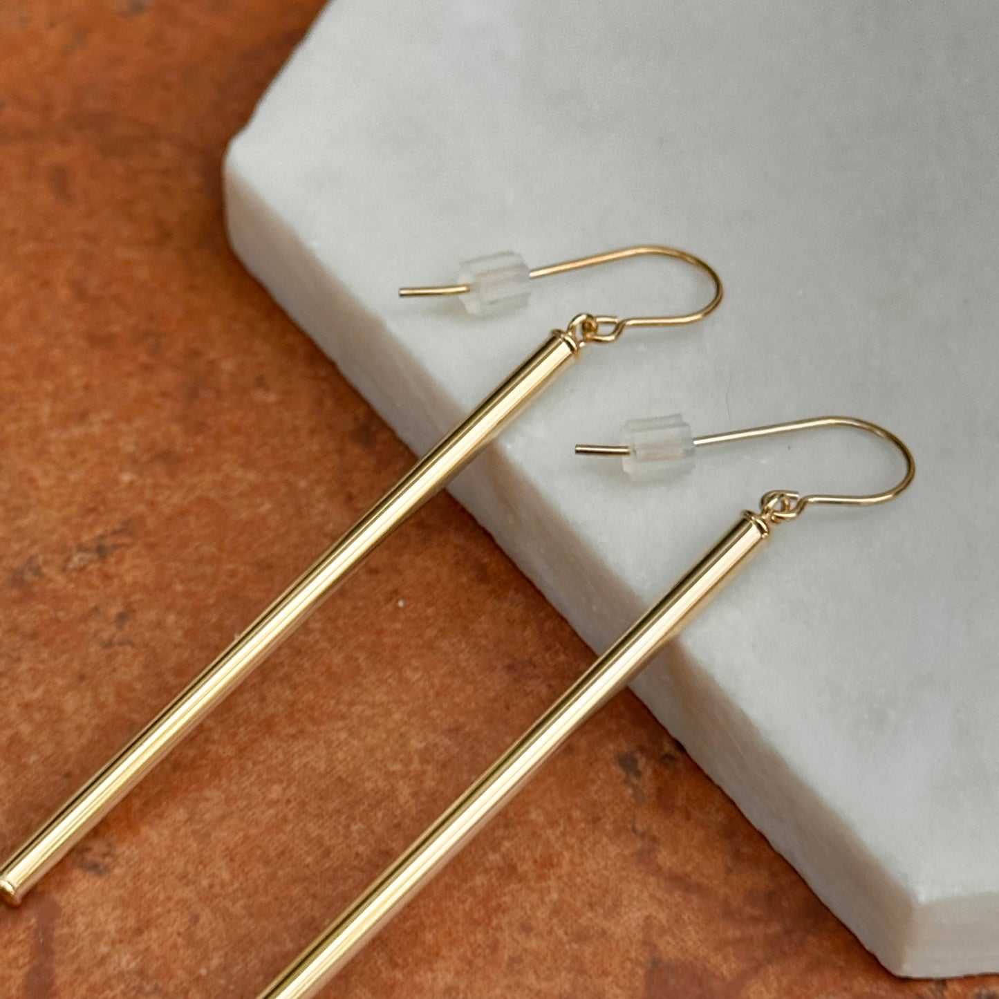 14KT Yellow Gold Long Cylinder Bar Earrings