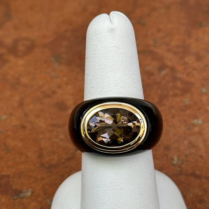 Estate 10KT Yellow Gold Black Onyx Band + Large Oval Smokey Quartz Ring