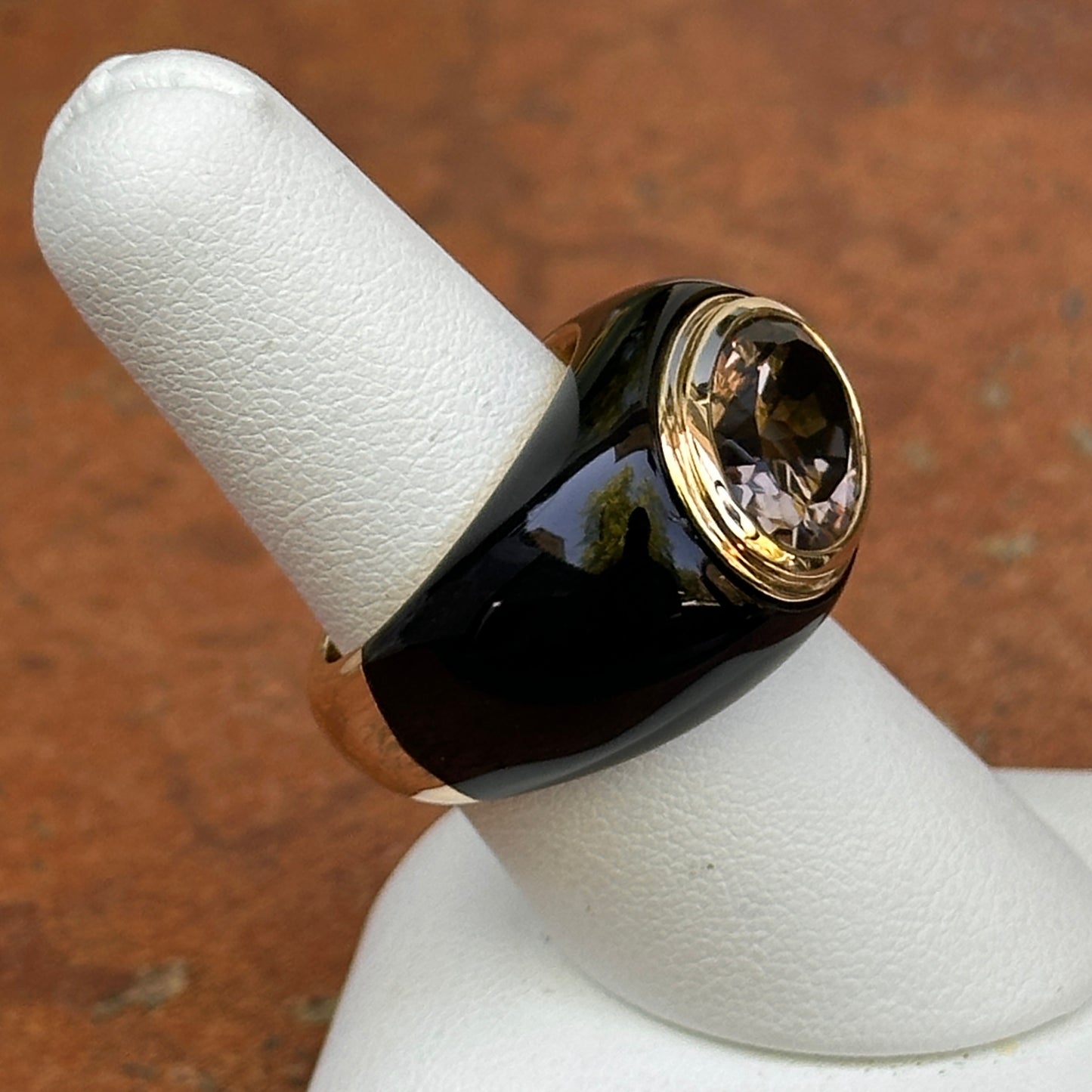 Estate 10KT Yellow Gold Black Onyx Band + Large Oval Smokey Quartz Ring