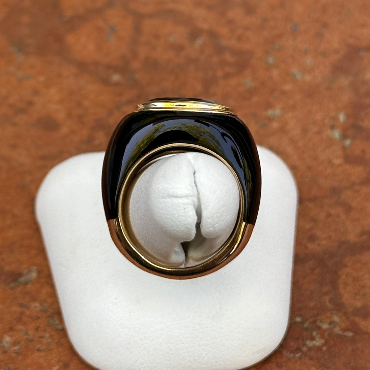Estate 10KT Yellow Gold Black Onyx Band + Large Oval Smokey Quartz Ring