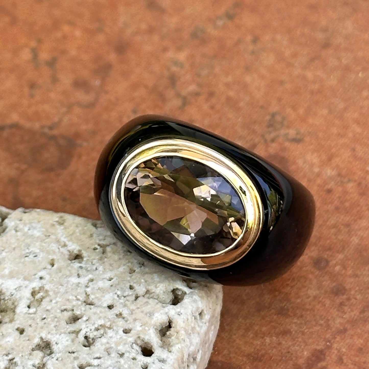 Estate 10KT Yellow Gold Black Onyx Band + Large Oval Smokey Quartz Ring