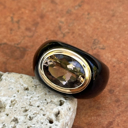 Estate 10KT Yellow Gold Black Onyx Band + Large Oval Smokey Quartz Ring