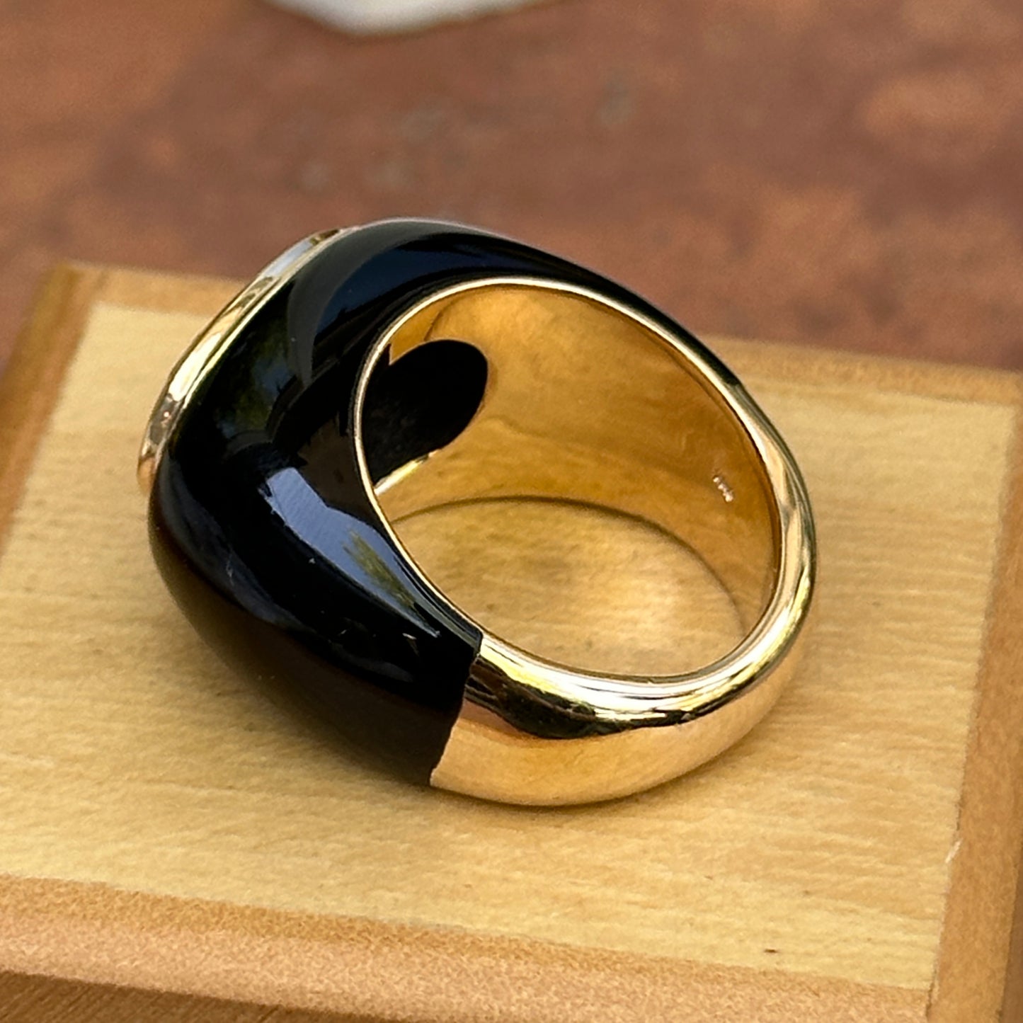 Estate 10KT Yellow Gold Black Onyx Band + Large Oval Smokey Quartz Ring