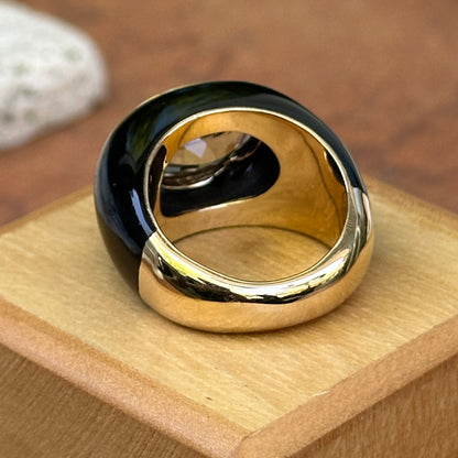 Estate 10KT Yellow Gold Black Onyx Band + Large Oval Smokey Quartz Ring