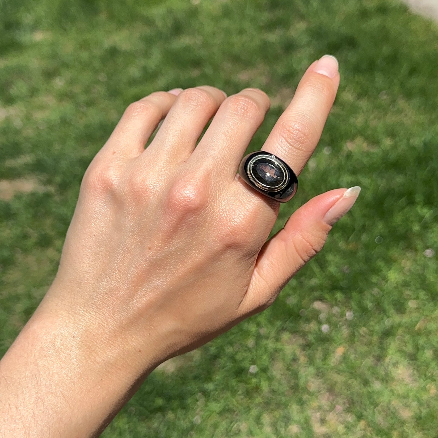 Estate 10KT Yellow Gold Black Onyx Band + Large Oval Smokey Quartz Ring