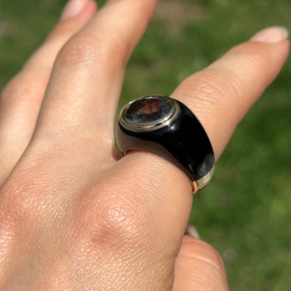 Estate 10KT Yellow Gold Black Onyx Band + Large Oval Smokey Quartz Ring