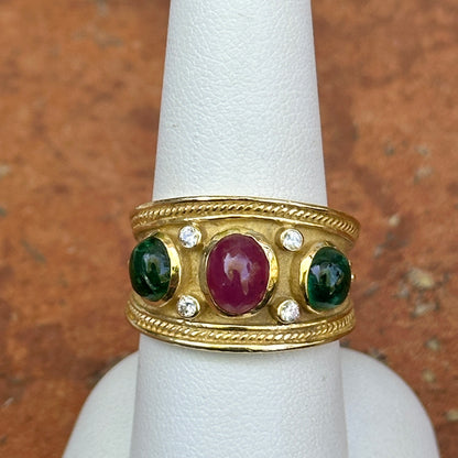 Estate 18KT Yellow Gold Byzantine Oval Emerald Ruby + Diamond Cigar Band Ring