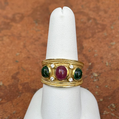 Estate 18KT Yellow Gold Byzantine Oval Emerald Ruby + Diamond Cigar Band Ring
