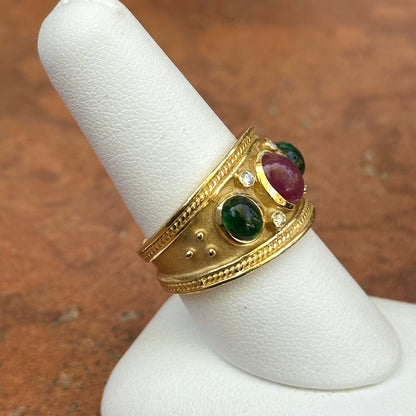 Estate 18KT Yellow Gold Byzantine Oval Emerald Ruby + Diamond Cigar Band Ring