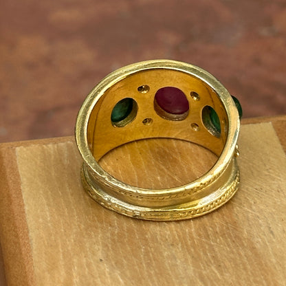 Estate 18KT Yellow Gold Byzantine Oval Emerald Ruby + Diamond Cigar Band Ring