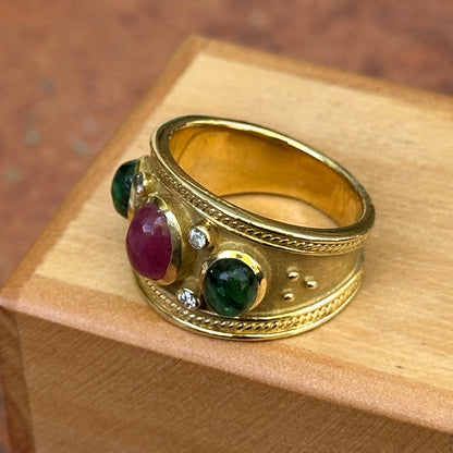 Estate 18KT Yellow Gold Byzantine Oval Emerald Ruby + Diamond Cigar Band Ring