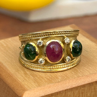 Estate 18KT Yellow Gold Byzantine Oval Emerald Ruby + Diamond Cigar Band Ring