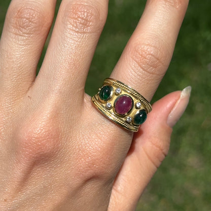 Estate 18KT Yellow Gold Byzantine Oval Emerald Ruby + Diamond Cigar Band Ring