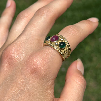 Estate 18KT Yellow Gold Byzantine Oval Emerald Ruby + Diamond Cigar Band Ring