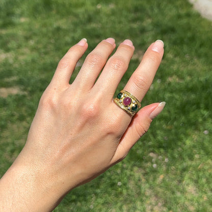 Estate 18KT Yellow Gold Byzantine Oval Emerald Ruby + Diamond Cigar Band Ring