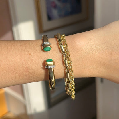 Vintage 14KT Yellow Gold Artform Malachite End Caps Cuff Bracelet