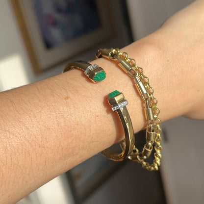 Vintage 14KT Yellow Gold Artform Malachite End Caps Cuff Bracelet
