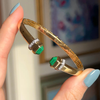 Vintage 14KT Yellow Gold Artform Malachite End Caps Cuff Bracelet