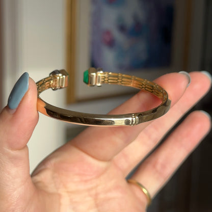 Vintage 14KT Yellow Gold Artform Malachite End Caps Cuff Bracelet