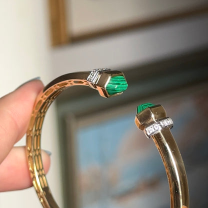 Vintage 14KT Yellow Gold Artform Malachite End Caps Cuff Bracelet