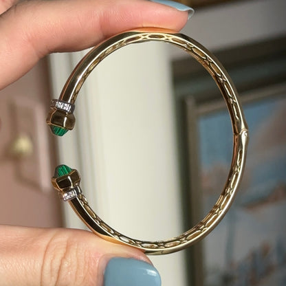 Vintage 14KT Yellow Gold Artform Malachite End Caps Cuff Bracelet
