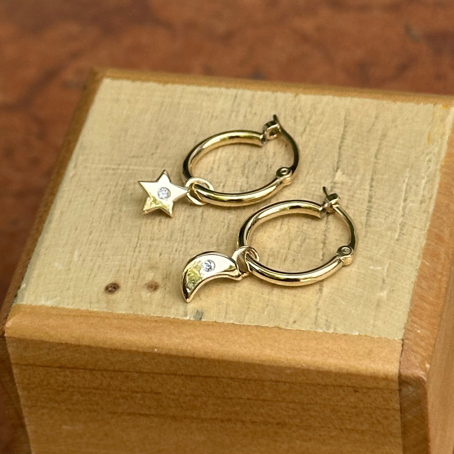 14KT Yellow Gold Diamond Moon + Star Hoop Earrings