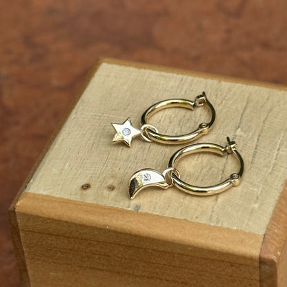 14KT Yellow Gold Diamond Moon + Star Hoop Earrings