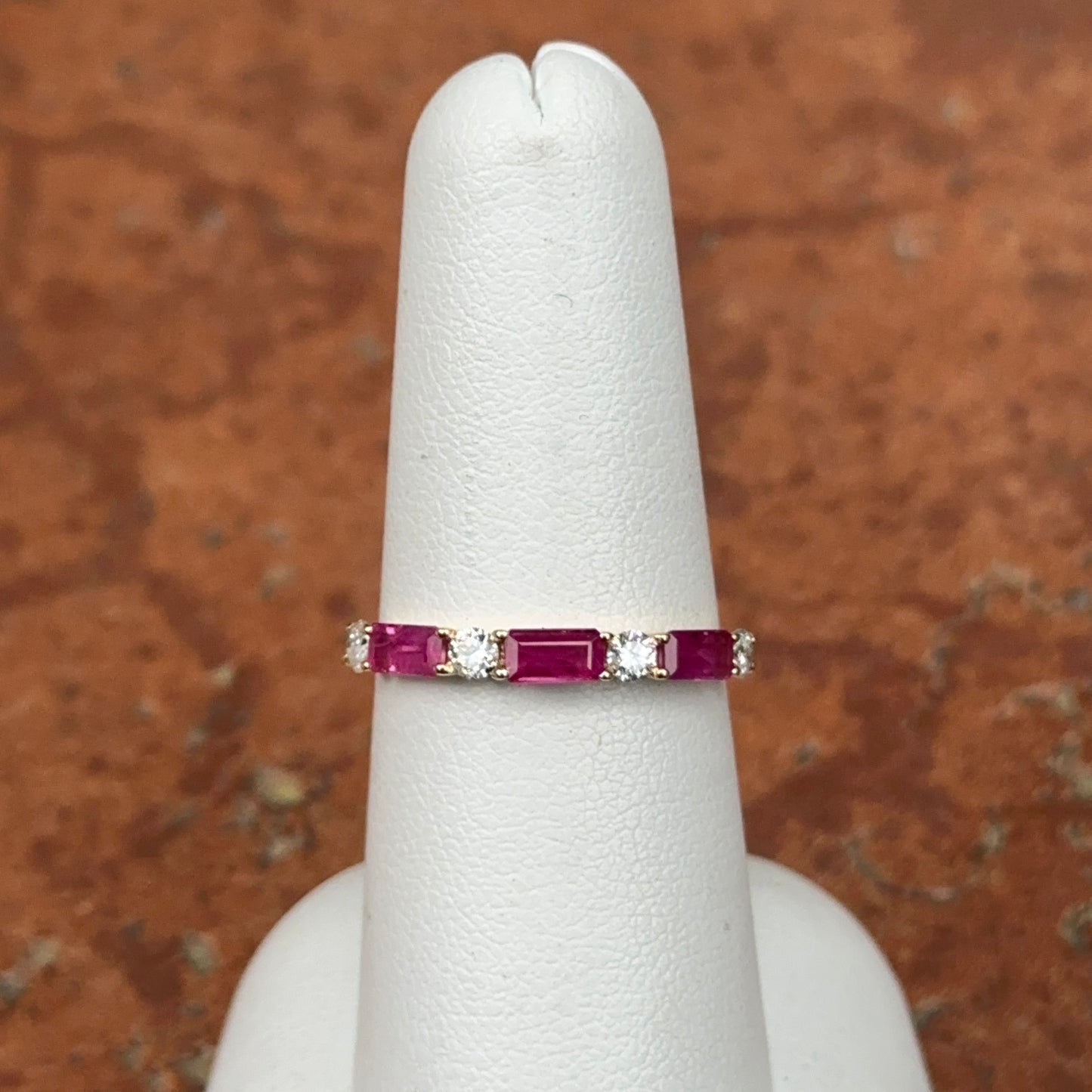 Estate 18KT Yellow Gold Baguette-Cut Ruby + Diamond Band Ring