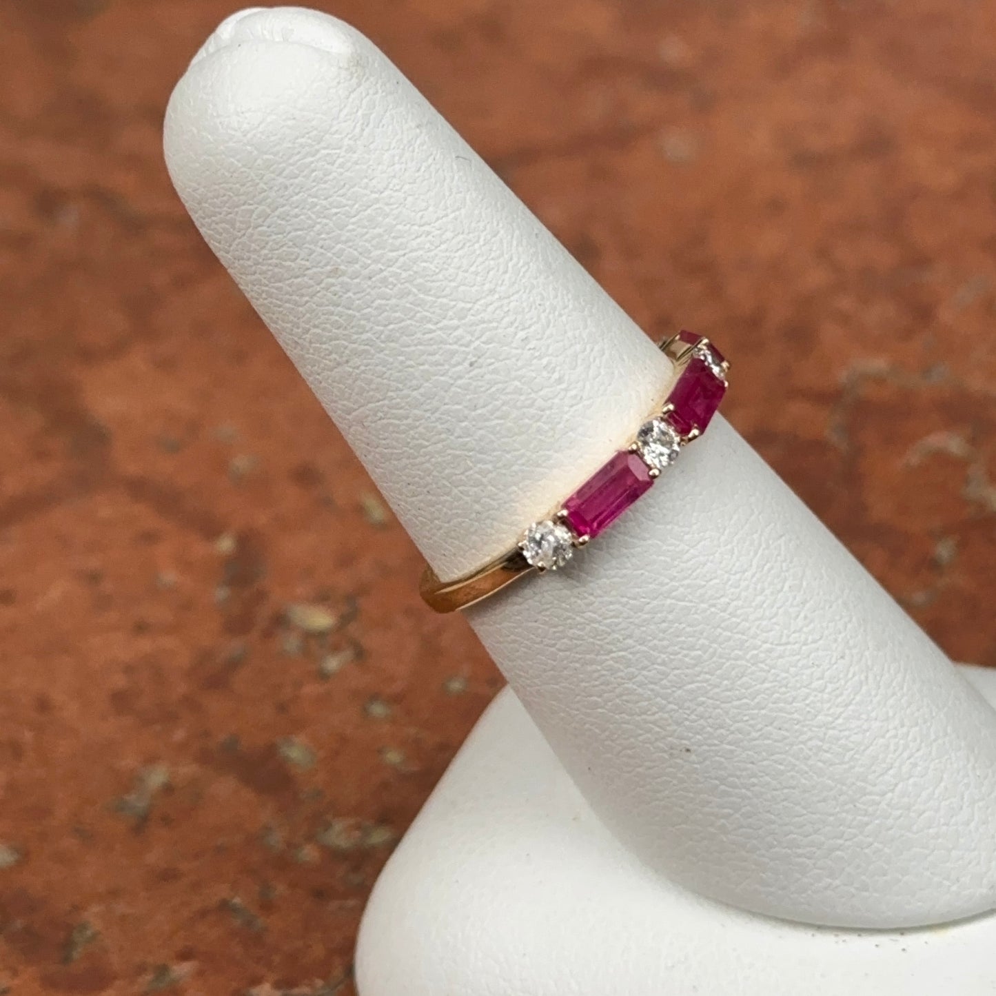 Estate 18KT Yellow Gold Baguette-Cut Ruby + Diamond Band Ring