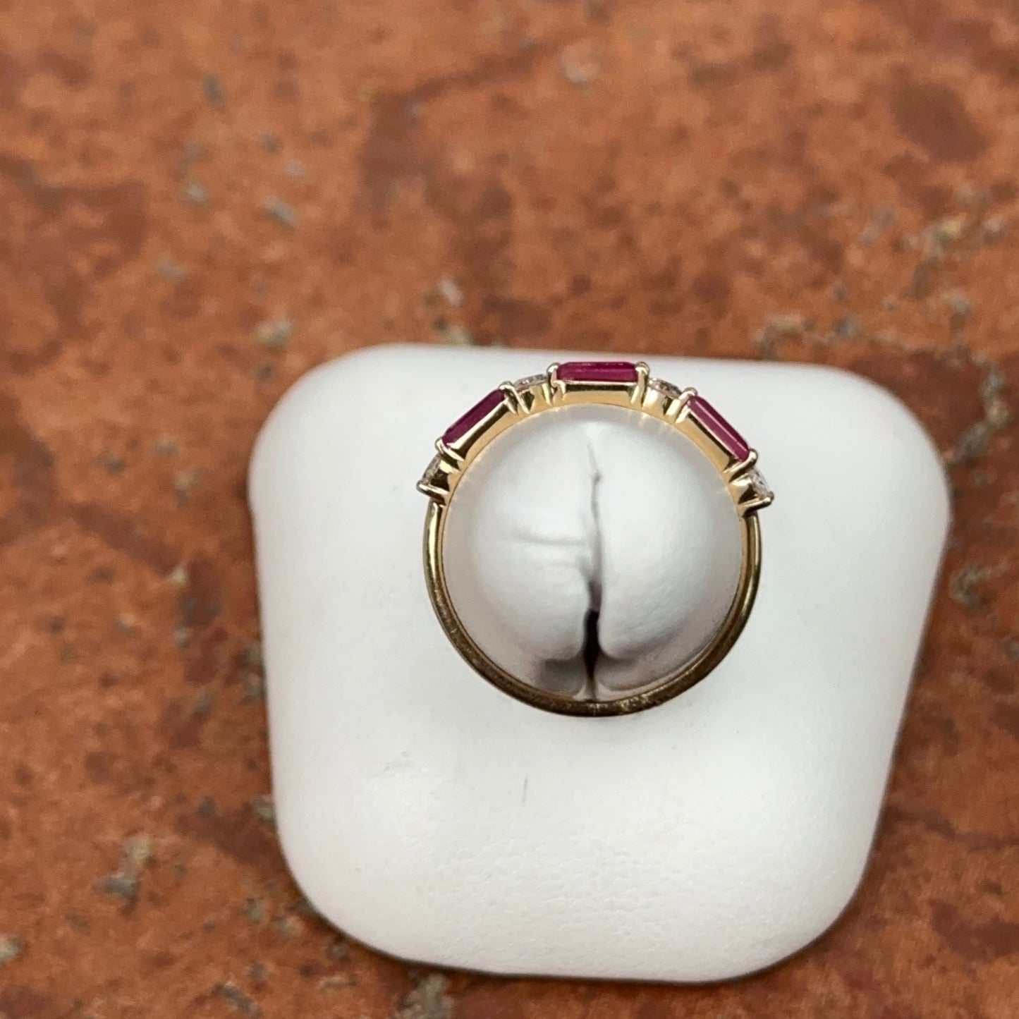 Estate 18KT Yellow Gold Baguette-Cut Ruby + Diamond Band Ring