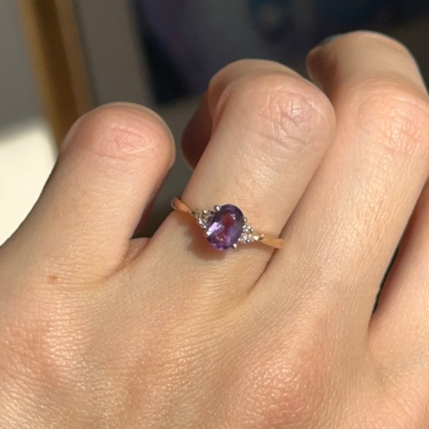 Estate 14K Yellow Gold Oval Purple Amethyst + Round Diamond Accent Ring